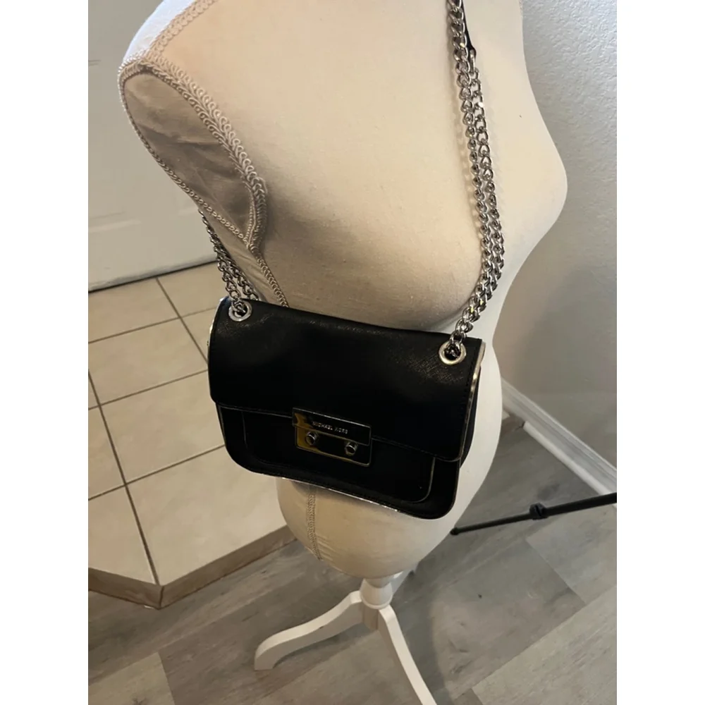 Michael Kors Sloan Specchio Shoulder Flap Bag Black Saffiano Leather Silver Trim